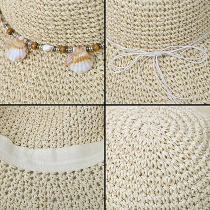 Womens Foldable Straw Sun Hat Summer Wide Brim Crochet Bucket Hats UPF 50+ Travel Beach Fedora Fisherman Cap Sombrero Hat - color: Beige