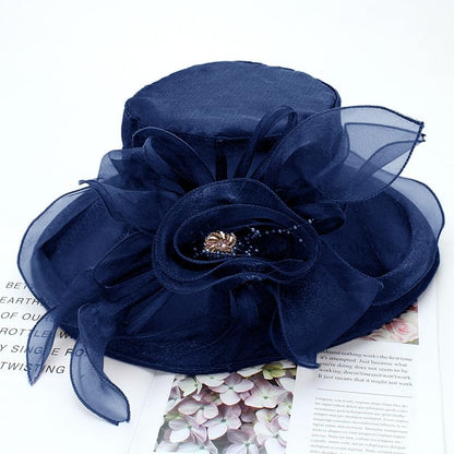 Women's Organza Derby Fascinator Hat Cloche Bowler Hat Cocktail Tea Party Wedding Sun Hat - color: B-navyblue