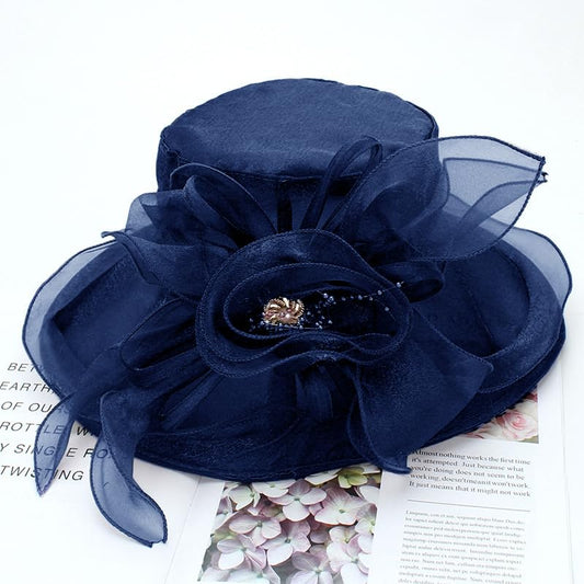 Women's Organza Derby Fascinator Hat Cloche Bowler Hat Cocktail Tea Party Wedding Sun Hat - color: B-navyblue