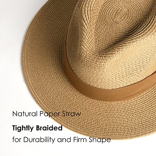 FURTALK Womens Mens Wide Brim Straw Panama Hat Fedora Summer Beach Sun Hat - color: Brown, size: Medium-Large