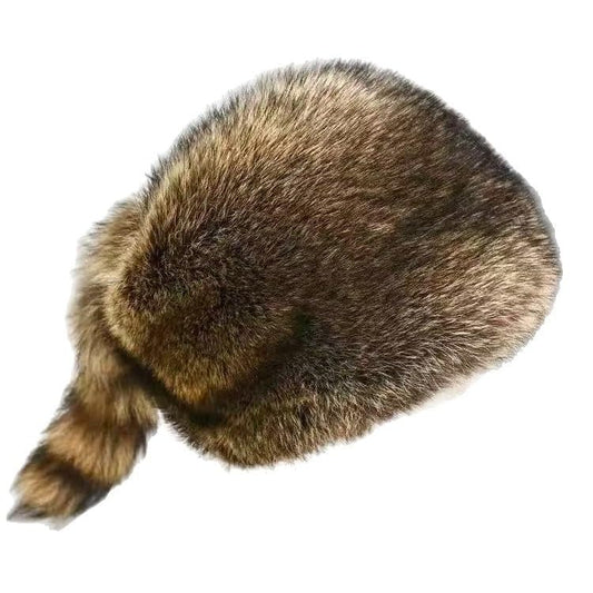 Raccoon Tail Parent-Child Plush Hat Warm Faux Fur Animal Hat with Tail - color: Adult Brown Without Pompoms