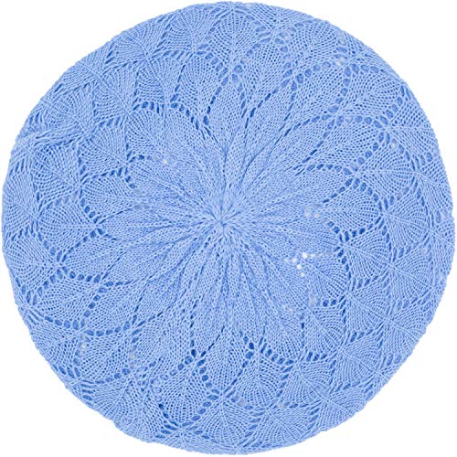 an Womens Lightweight Cut Out Knit Beanie Beret Cap Crochet Hat - Many Styles - color: Aqua Blue Diamond Stripe