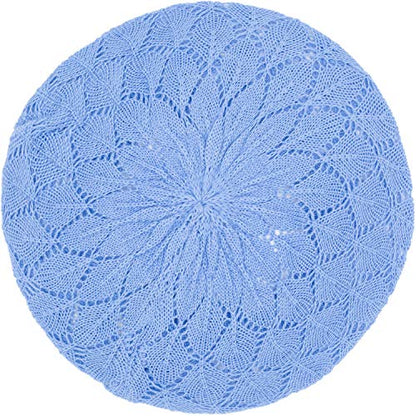 an Womens Lightweight Cut Out Knit Beanie Beret Cap Crochet Hat - Many Styles - color: Aqua Blue Diamond Stripe