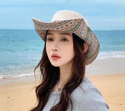 Womens Wide Brim Floral Summer Sun Hat UPF 50+ Ethnic Style Foldable Floppy Sun Protection Travel Beach Bucket Hat - color: Beige