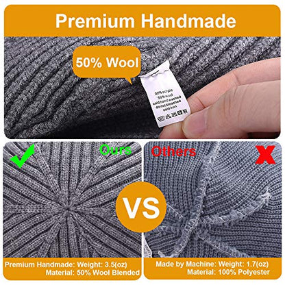 3 Pack Wool Fisherman Beanies for Men, Short Knit Watch Cap Cuffed Hats - color: E-black, Gray, Red