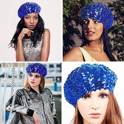 JUMISEE Sparkly Sequin Berets for Women Girls Fashion Beanie Hat Costume Accessories for Festival Party Dance - color: Blue