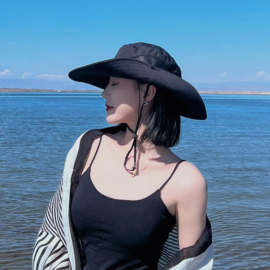 Sun Hat for Women Summer UV Protection Beach Hat with Ponytail Hole - color: Black(no Ponytail Hole)