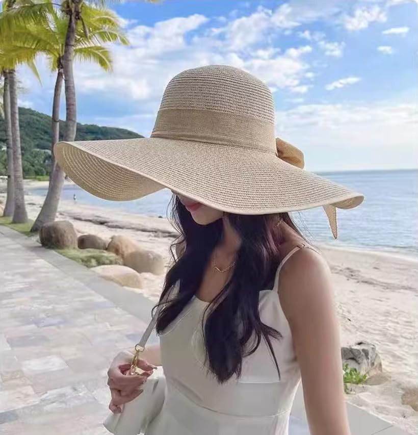 Womens Sun Straw Hat Wide Brim UPF 50+ Fashion Foldable Packable Floppy Beach Hat for Women Travel Outdoor Beige