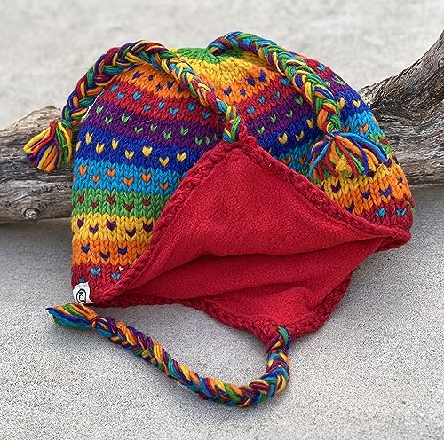 Nepal Hand Knit Ear Flaps Beanie Skull Ski 100% Wool Fleeced Hat/Cap - color: Rainbow