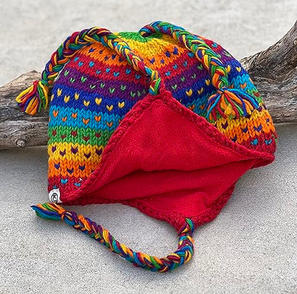 Nepal Hand Knit Ear Flaps Beanie Skull Ski 100% Wool Fleeced Hat/Cap - color: Rainbow