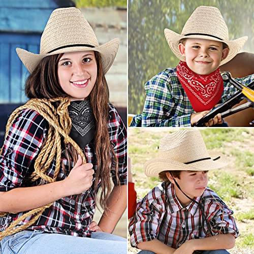 SATINIOR 12 Set Kids Cowboy Hats Bulk with Bandanas - color: Beige