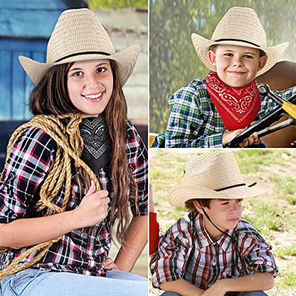 SATINIOR 12 Set Kids Cowboy Hats Bulk with Bandanas - color: Beige