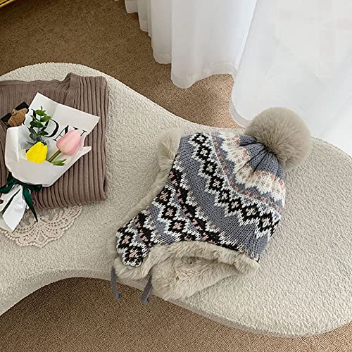 Women Winter Beanie Hat Thick Fleece Lined Warm Earflap Trapper Hat Pom Pom Jacquard Knited Outdoor Ski Snow Cap - color: Gray