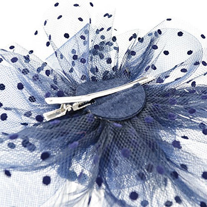 DRESHOW Fascinators Hat Flower Mesh Ribbons Feathers on a Headband and a Clip Tea Party Headwear for Girls and Women - color: 7" Diameter / Navy