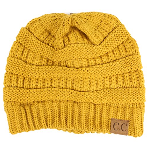 CC Classic Winter Fall Trendy Chunky Stretchy Cable Knit Beanie Hat - color: Solid Mustard