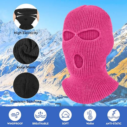Pukavt 2 Pack 3 Hole Winter Knitted Mask, Ski Mask Balaclava Cap - color: Rose Red/Pink