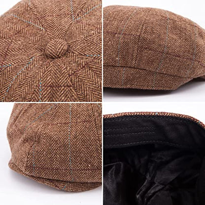 LADYBRO 8 Panel Newsboy Hats for Men Cap Irish Wool Blend Tweed, Adjustable - color: 002 Plaid Brown, size: 7 3/4-8