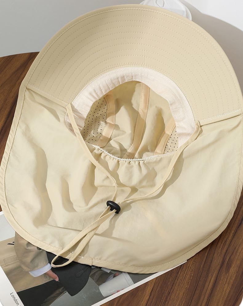 Ponytail Hole Kids Sun Hat with Neck Flap UV Protection Wide Brim Safari Hat for Boys Girls Breathable Mesh 6-12T - color: Beige