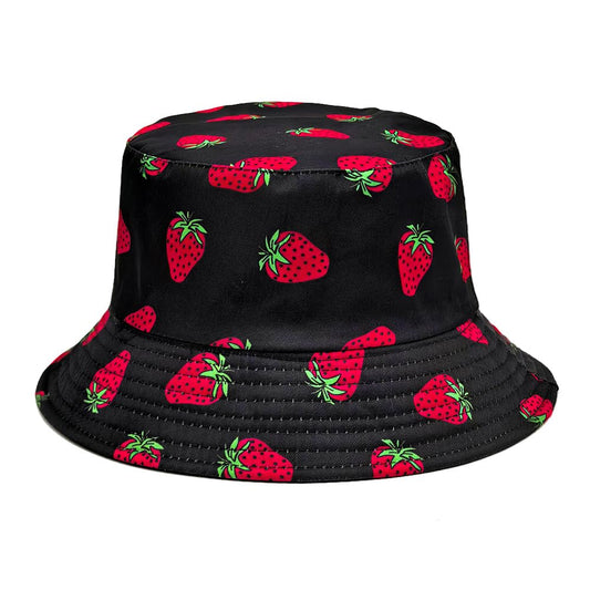 Printed Bucket Hat - Reversible Packable Summer Travel Beach Sun Cap for Men Women Teens - color: Black Red Strawberry