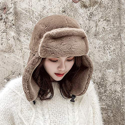 Adults Winter Cozy Plush Ushanka Russian Hat Windproof Full Hood Earflap Hat Warm Cold Proof Ski Hunting Cycling Trapper Hats - color: Khaki