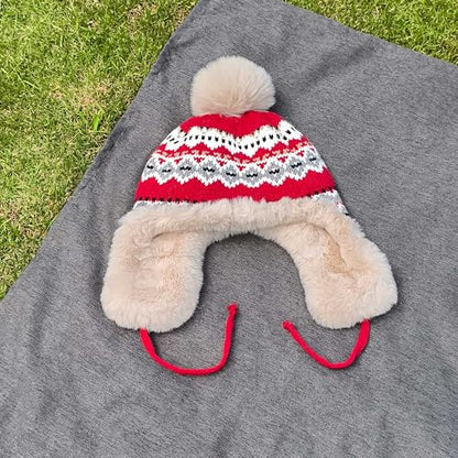 Winter Women Knit Beanie Hat Ear Flaps Trapper Hat Men Toque Warm - color: Red