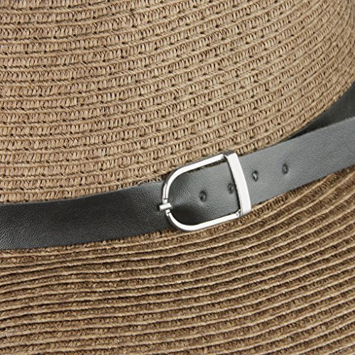 Men's Floppy Packable Straw Hat Beach Cap Newsboy Fedora Sun Hat, Big Brim, Adjustable Chin Strap - color: Coffee
