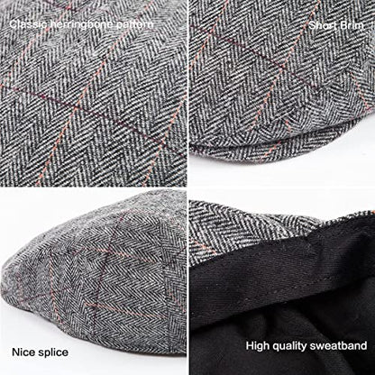 Herringbone Flat Ivy Newsboy Cap for Men 1920s Wool Blend Tweed Cabbie Hat - color: 003 Plaid Grey, size: Small-Medium