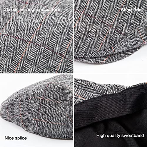 Herringbone Flat Ivy Newsboy Cap for Men 1920s Wool Blend Tweed Cabbie Hat - color: 003 Plaid Grey, size: Small-Medium