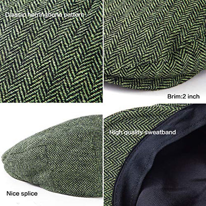 2-Pack Adjustable Newsboy Hats for Men Flat Cap Irish Wool Blend Tweed - color: 003 Black+green 2pack, size: Small-Medium