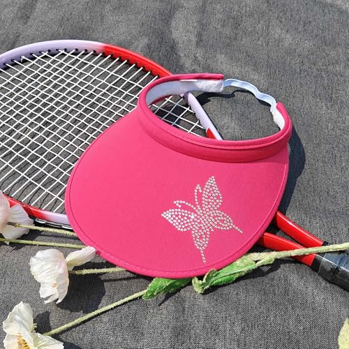 Sun Visors Hats Women Rhinestone Butterfly Wide Brim Hat Adjustable Golf Tennis Beach Sports Caps - color: Butterfly-rose Red