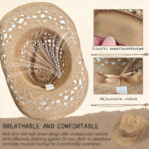 Straw Cowboy Hat for Women, Cowgirl Hat Wide Brim Western Cowboy Hat - color: Style4