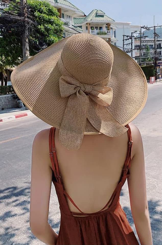 ericotry 1PC Women Foldable Floppy Beach Cap Wide Brim Sun Protection Straw Hat Big Bowknot Summer Sun Hat UPF 50+ (Khaki)