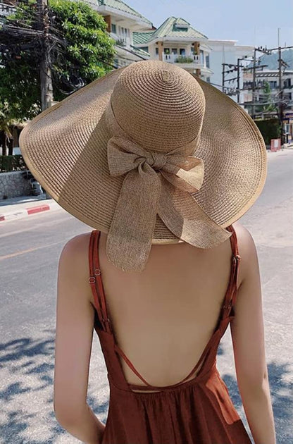 ericotry 1PC Women Foldable Floppy Beach Cap Wide Brim Sun Protection Straw Hat Big Bowknot Summer Sun Hat UPF 50+ (Khaki)
