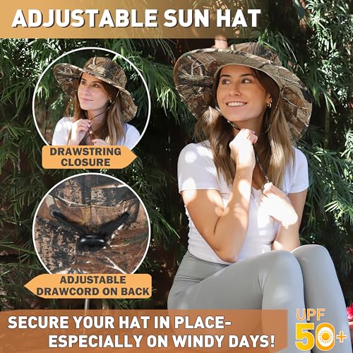 Men Safari Sun Hat Wide Brim Boonie Fishing Cap with Adjustable Drawstring - color: Leaf Woodland Camo