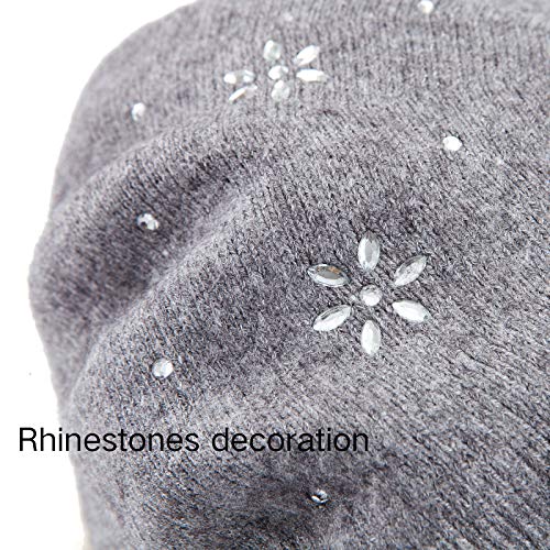 LADYBRO Rhinestone Beret Hats for Women 2 Layers Wool Knit Cap Lady Winter - color: Light Grey (Floral Pattern)