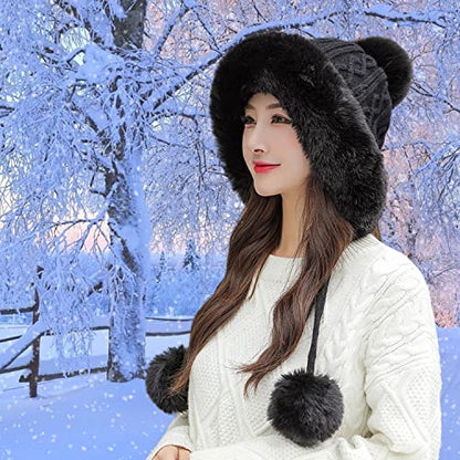 HUAMULAN Women Winter Sherpa Knit Beanie Hats Fleece Lined Ear Flaps - color: A1-m1399-black