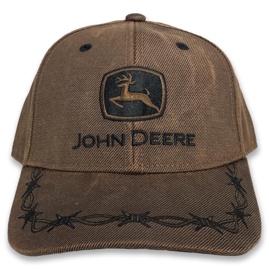 John Deere Brown Oilskin Look Adjustable 6 Panel Twill Hat, One Size