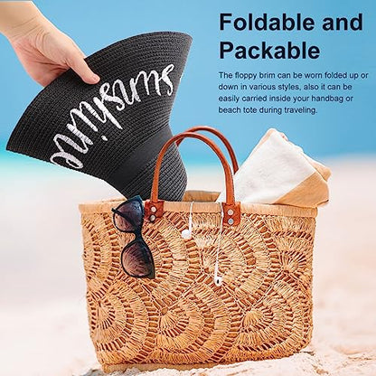 DRESHOW Big Straw Sun Hats for Women Floppy Foldable Roll up Beach Cap Sun Hat UPF 50+ Vacation Honeymoon Embroidered Hat - color: Ae Hello Sunshine A: Black