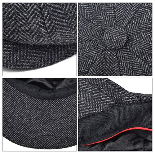 BOTVELA Men's 8 Panel Wool Blend Newsboy Flat Cap - color: Black, size: 7 5/8