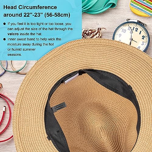 DRESHOW Women Straw Panama Hat Travel Fedora Beach Sun Hat Summer Wide Brim Straw Roll up Hats UPF 50+ - color: Khaki Hat With Cream Band