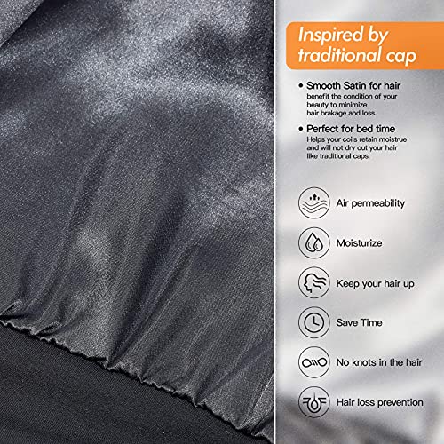 Silk Satin Lined Bonnet Sleep Cap - Adjustable Stay on All Night Hair Wrap Cover Slouchy Beanie for Curly Protection Women and Men Solid Black - color: Solid Black, size: One Size