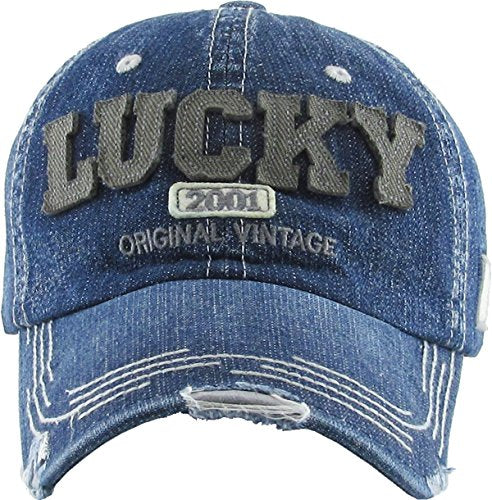 Fashion Vintage Distressed Washed Assorted Baseball Cap Dad Hat Adjustable Unisex - color: .Medium Denim Lucky
