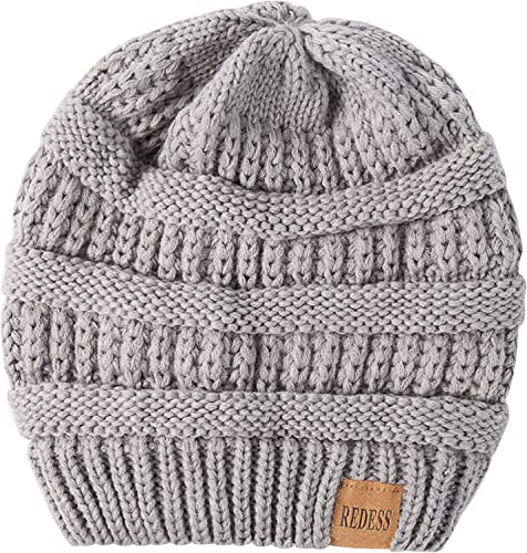 REDESS Slouchy Beanie Hat for Men and Women Winter Warm Knit Hat Chunky Soft Oversized Cable Cap - color: A2 Light Gray