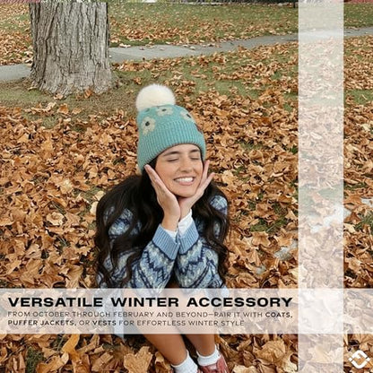 Funky Junque Beanie for Women Ultra Soft Chenille Faux Fur Pom Pom Winter Hats Warm Ski Cap Fashion - color: Daisy - Mint
