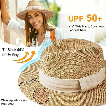 DRESHOW Women Straw Panama Hat Travel Fedora Beach Sun Hat Summer Wide Brim Straw Roll up Hats UPF 50+ - color: Khaki Hat With Cream Band