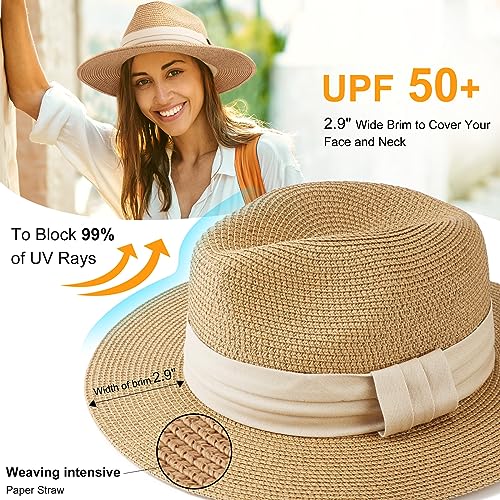 DRESHOW Women Straw Panama Hat Travel Fedora Beach Sun Hat Summer Wide Brim Straw Roll up Hats UPF 50+ - color: Khaki Hat With Cream Band