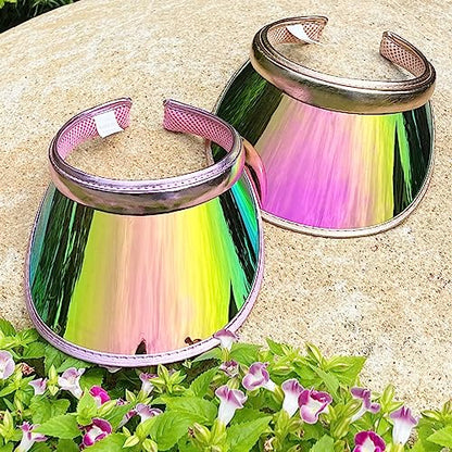 2 Pack Sun Visor Hats Women Men Clip-on Iridescent Clear Sport Outdoor Cap - color: 2pack, Gold Pink