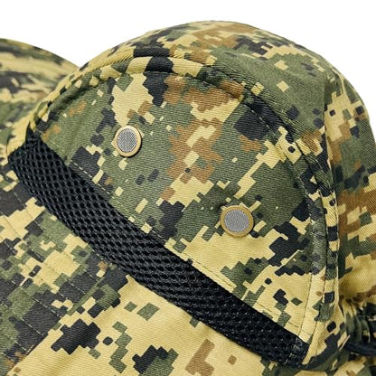 Packable and Adjustable Mesh Boonie Sun Hat with Neck Flap - color: Green/Tan Digital Camo