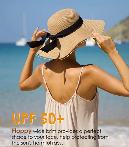 Women Wide Brim Sun Hat UPF50 Straw Summer Hat Foldable Packable Floppy Beach Hat UV Protection Boho Visor Fashion Outdoor for Beach Travel Vacation Khaki