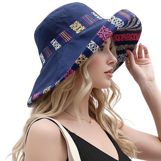 Wide Brim Sun Hat for Women Reversible Beach Hats Metal Wired Edge Gardening Hats, UPF 50+ Bucket Summer Hat - color: Navy Boho-style